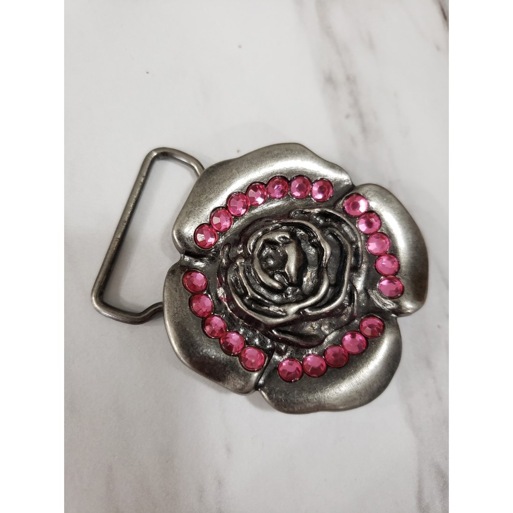 Women's Belt Buckle‎ Vintage Pink Rhinestone Jeweled Rose Flower Y2k 90s biker